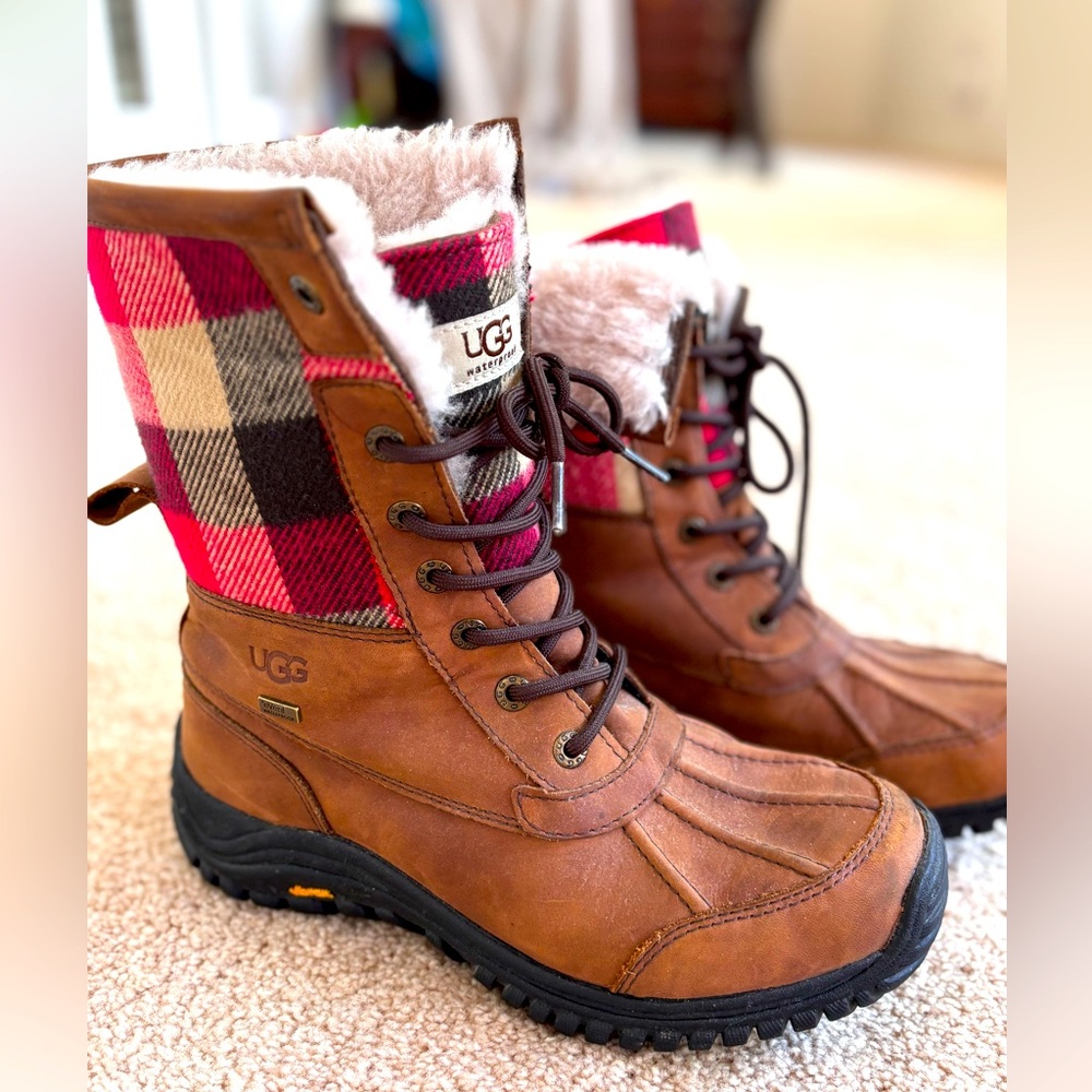UGG Brown Leather Boots with Red Plaid Detail Women size 8